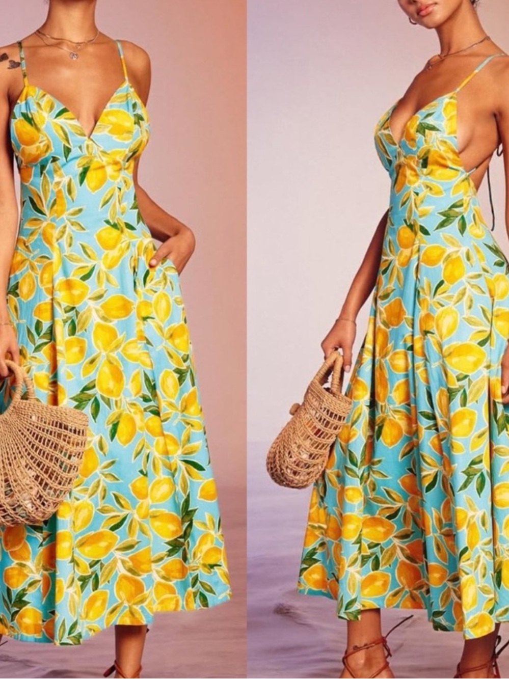 NWT Dress Forum Lemon Print Open Back Fit and Flare Summer Dress Size Large